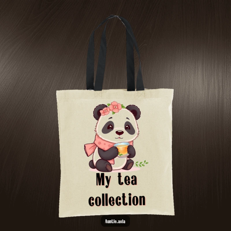 Funny panda in a floral scarf, tasting tea from a small cup, a humorous and practical tote bag.