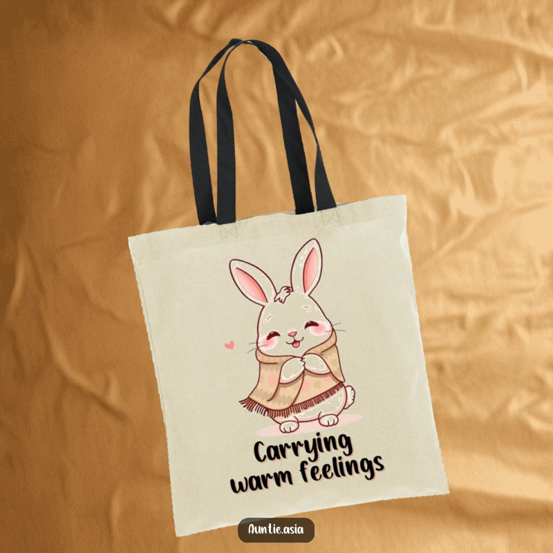 Funny rabbit in a patterned shawl, offering a warm hug, a humorous and functional tote bag.