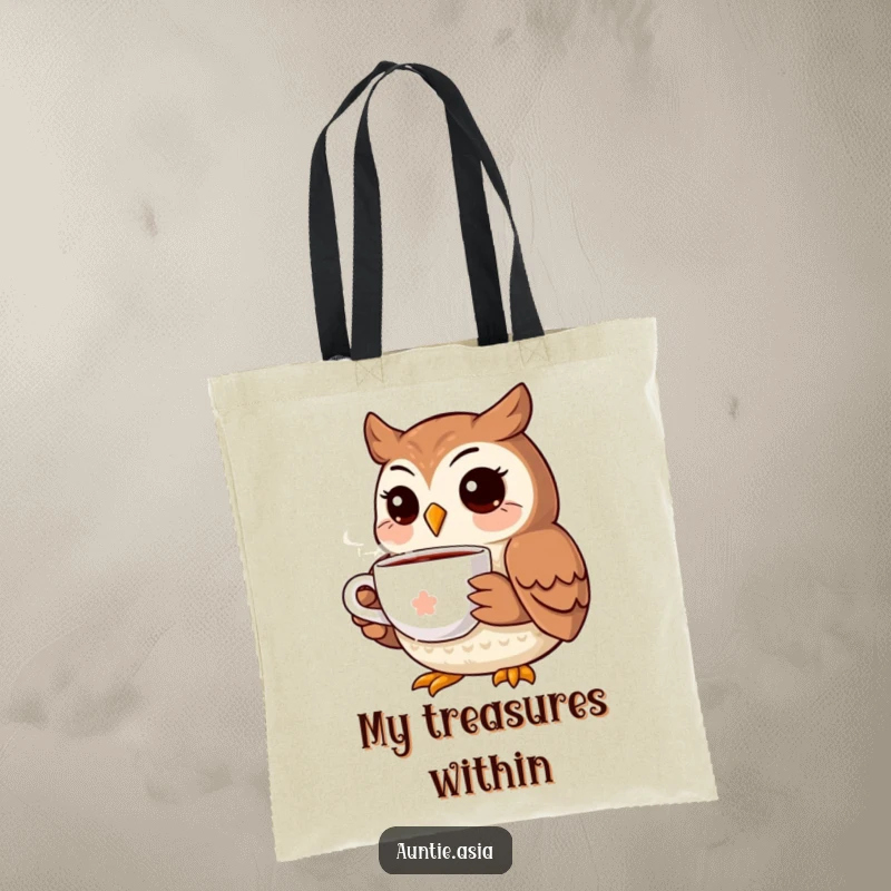 Funny owl tote bag, featuring a smiling owl with a tea cup, ideal for carrying essentials with a dash of humor.