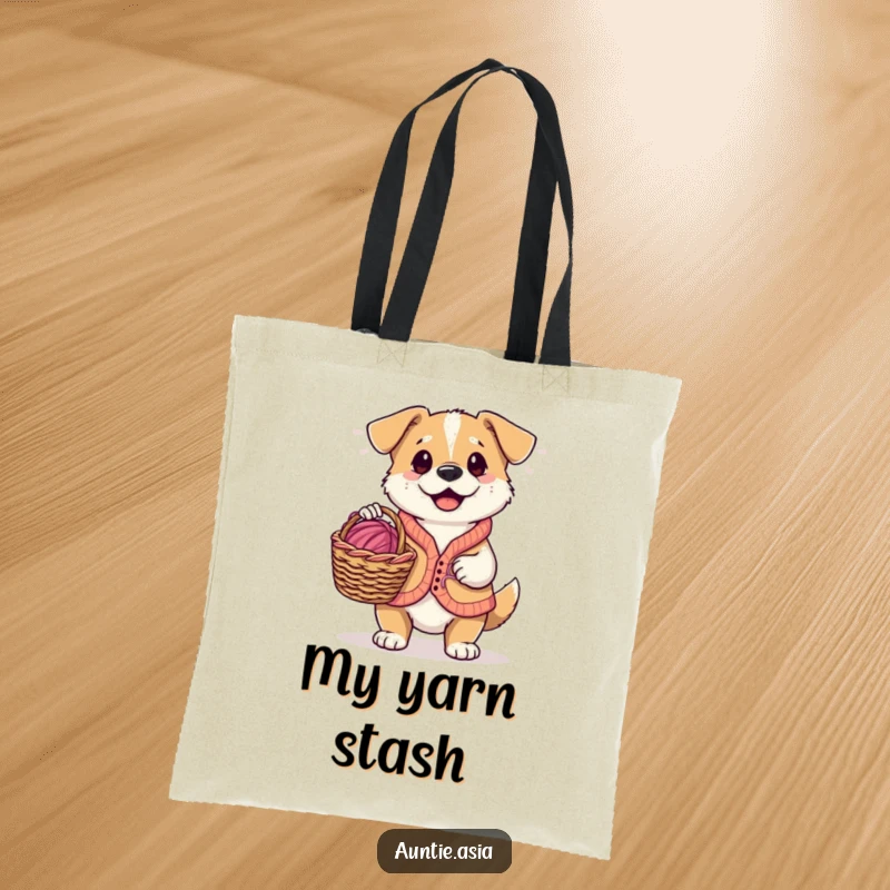 Funny dog in a vest, holding a knitting basket with yarn, a humorous and functional tote bag.